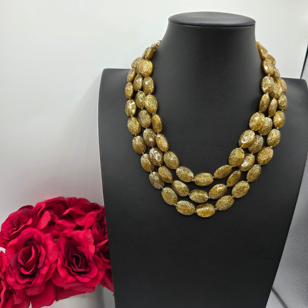 Gold Glitter Triple Strand Statement Necklace Oval Bead Layered Tiered Clasp
